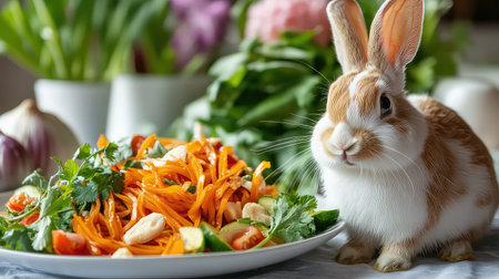 A charming rabbit sits beside a vibrant salad, showcasing fresh vegetables and herbs in a bright kitchen setting. Perfect for food lovers.の素材