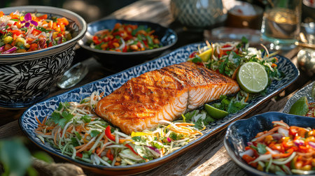 A beautifully presented grilled salmon fillet garnished with lime, surrounded by fresh salads and colorful salsas on a rustic table setting. Perfect for culinary inspiration.の素材