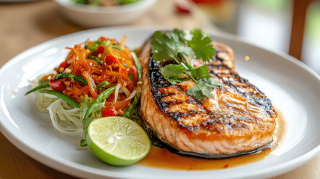 A delicious grilled salmon fillet garnished with fresh cilantro is presented on a white plate alongside a vibrant salad and lime wedge.の素材