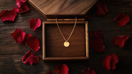 This image features an elegant gold necklace nestled in a wooden jewelry box, surrounded by delicate red rose petals, creating a romantic and luxurious ambiance.の素材