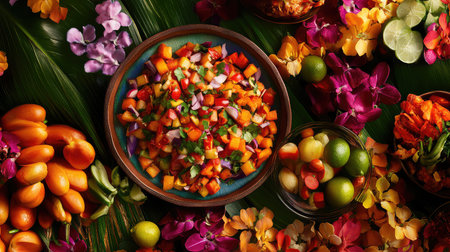 A visually stunning display of a vibrant fruit and vegetable salad is surrounded by an array of colorful tropical flowers and fresh produce. This lively scene captures the essence of fresh ingredients and vibrant flavors, ideal for promoting healthy eating and seasonal cuisines.の素材