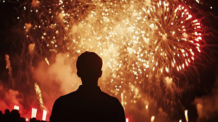 A mesmerizing scene of a silhouetted person watching vibrant fireworks explode in the night sky, capturing the essence of celebration and joy.の素材