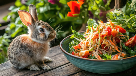 An adorable rabbit gazes at a colorful, fresh vegetable salad served in a garden setting, blending nature with delightful culinary art.の素材