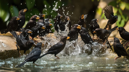 A vibrant scene featuring a group of black birds energetically bathing in clear water, creating splashes under bright sunlight amidst lush greenery.の素材