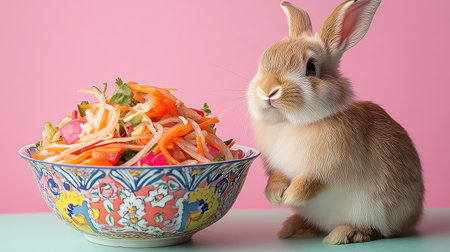 This delightful image features a cute bunny beside a vibrant salad, creating a playful and charming atmosphere perfect for food and pet lovers.の素材