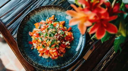 A vibrant vegetable salad bursting with fresh colors served on a rustic plate, complemented by nature-inspired accents. Perfect for healthy dining.の素材