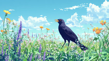This vibrant illustration features a black bird standing amidst colorful wildflowers in a picturesque meadow under a bright blue sky, creating a serene atmosphere.の素材