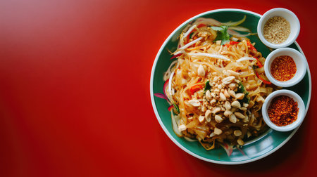 A vibrant plate of Pad Thai noodles garnished with peanuts and spices, set against a striking red background, showcasing Thai culinary art.の素材