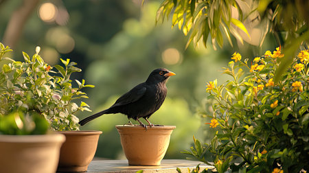 A striking black bird stands gracefully on a terracotta pot, amidst lush greenery and bursts of yellow blooms, creating a tranquil outdoor scene perfect for nature lovers.の素材
