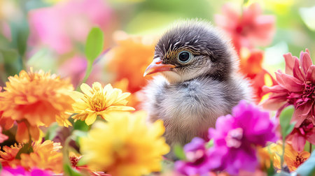 A delightful scene featuring a baby bird surrounded by an array of colorful flowers, capturing the essence of nature's beauty and softness.の素材