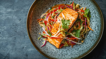 A beautifully presented grilled salmon fillet is served atop a vibrant vegetable salad, adorned with fresh herbs and citrus for a delightful meal experience.の素材