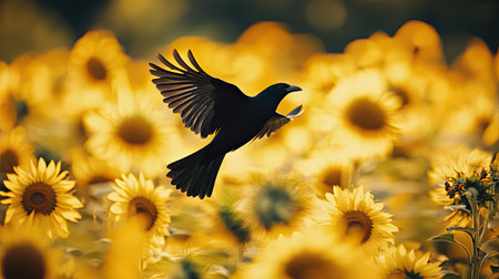 A striking black bird soars gracefully above a bright sunflower field, enveloped in natural light. This scene captures the essence of nature's beauty, showcasing freedom and tranquility.の素材