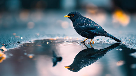 A striking black bird stands beside a shallow puddle, creating a captivating reflection. This serene image captures the beauty of nature in an urban setting.の素材