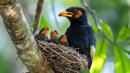 A stunning image of a black bird caring for its chicks in a nest, surrounded by lush green foliage, beautifully depicting wildlife and parental bonds.の素材