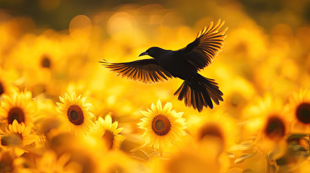 A striking image of a black bird soaring gracefully over a field of bright sunflowers, capturing the essence of nature's beauty during golden hour.の素材