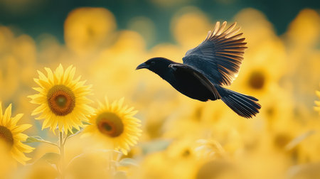 A magnificent black bird soars gracefully through a vibrant field filled with sunflowers. The image captures the essence of nature's beauty and tranquility.の素材