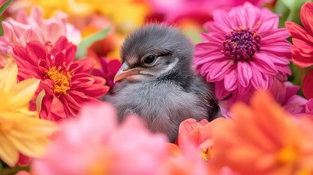 This charming image features a young chick nestled among a vibrant array of colorful flowers, creating a peaceful and joyful atmosphere. The soft textures and lively colors enhance the beauty of nature.の素材
