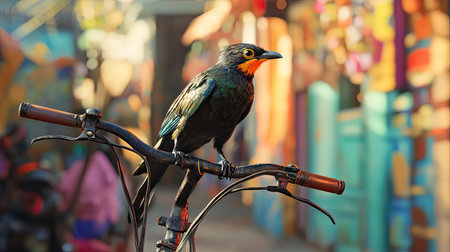 A colorful bird resting on a bicycle handlebar creates a charming focal point in a vibrant outdoor market scene filled with life and energy.の素材