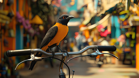 A striking image of a bird perched on a bicycle handlebar in a lively urban street. The colorful surroundings add a joyful touch to this unique moment.の素材