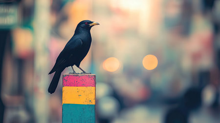 A stunning black bird stands confidently on a colorful wooden post, capturing the essence of urban wildlife against a blurred city background.の素材