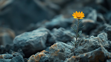 A striking yellow flower stands alone amidst rugged rocks, symbolizing beauty and resilience in nature, thriving in a challenging environment.の素材