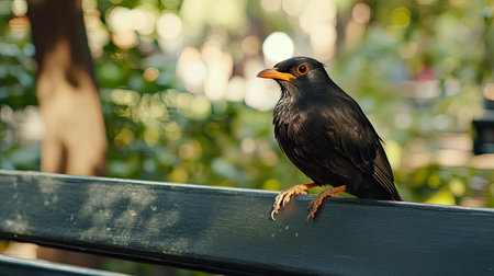 A solitary black bird perches on a park bench, surrounded by lush greenery, showcasing the beauty of nature and urban wildlife on a sunny day.の素材