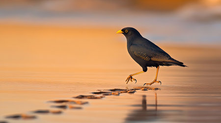 A striking black bird with a yellow beak gracefully strolls along the serene shoreline at sunset, creating a peaceful reflection in the water.の素材