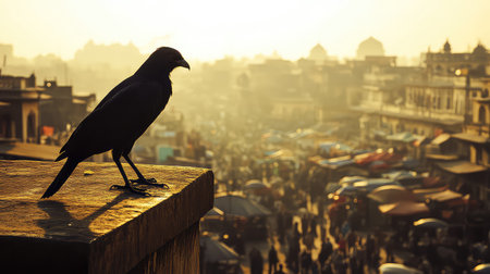A captivating image of a black bird perched on an edge, overlooking a vibrant city market bustling with life during sunset. The scene captures both nature and urban energy.の素材