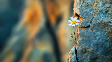 This stunning image captures a single white flower growing resiliently from a rocky surface, symbolizing beauty and perseverance in nature.の素材