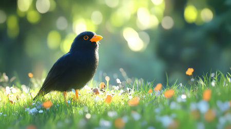 A stunning black bird with a striking orange beak stands gracefully in a sun-drenched meadow. Surrounding wildflowers create a serene and cheerful atmosphere.の素材
