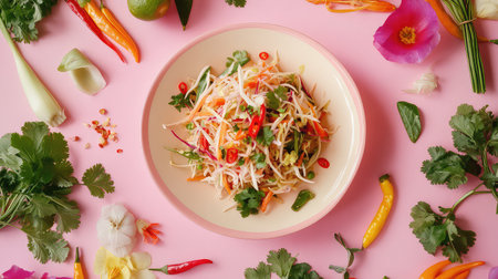 A visually stunning array of fresh vegetables and herbs assembled in a bowl on a pink background, showcasing vibrant colors and healthy ingredients ideal for culinary creativity.の素材