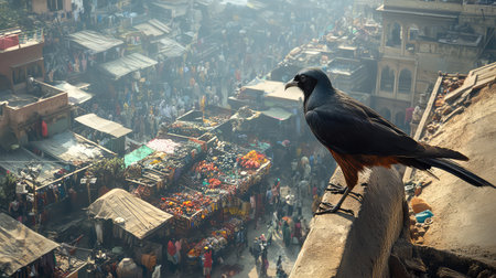 A stunning bird perches on a rooftop, observing a lively market below filled with colorful stalls and bustling crowds, capturing urban vibrancy.の素材
