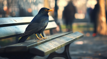 A striking black bird sits atop a park bench, basking in sunlight while people stroll in the blurred background, capturing a serene outdoor moment.の素材