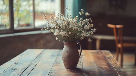 A serene floral arrangement featuring delicate white flowers in a vintage pitcher, set on a rustic wooden table. The natural light streaming through the window enhances the cozy atmosphere of this inviting indoor space.の素材