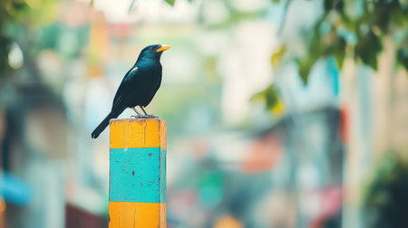A solitary black bird sits elegantly on a vibrant wooden post, creating a captivating contrast with a softly blurred urban background filled with greenery.の素材