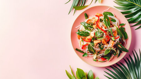 This vibrant Thai salad features an array of fresh vegetables and herbs, beautifully arranged on a pink plate. Surrounded by tropical leaves, it showcases a delightful and healthy culinary creation. Perfect for summery meals or food photography, this dish emphasizes natural ingredients and colorful presentation.の素材