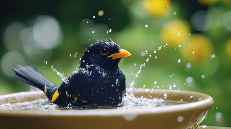 A striking black bird with bright yellow accents enjoys a refreshing bath, creating splashes of water against a lush green background, capturing nature's beauty.の素材