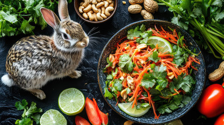 A vibrant scene featuring a fresh vegetable salad in a bowl, accented with herbs, nuts, and a cute rabbit nearby, promoting a healthy lifestyle.の素材