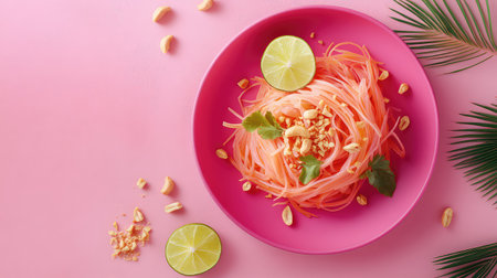 A beautiful Thai glass noodle salad served on a bright pink plate showcases fresh lime slices and crunchy peanuts, perfect for any culinary enthusiast.の素材