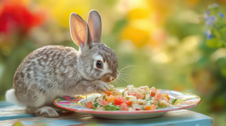 A delightful rabbit enjoys a colorful salad on a vibrant plate in a serene garden setting. Soft light enhances the calm, joyful atmosphere.の素材