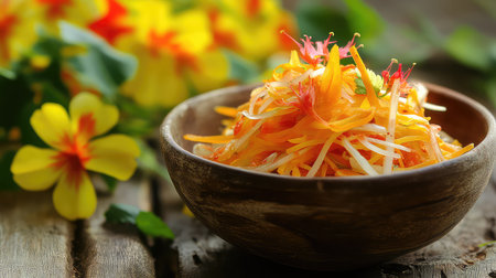 This beautiful salad features a mix of fresh, vibrant vegetables served in a rustic bowl. Surrounded by colorful flowers, it symbolizes healthy eating and culinary art.の素材