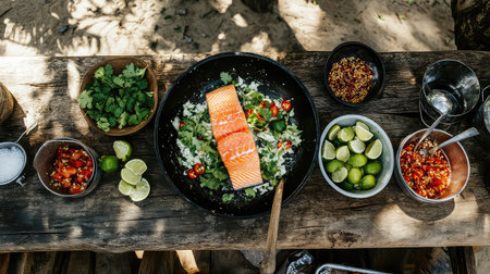 A vibrant outdoor scene showcasing fresh salmon preparation on a rustic wooden table, surrounded by limes, herbs, and colorful spices, ideal for healthy meal ideas.の素材