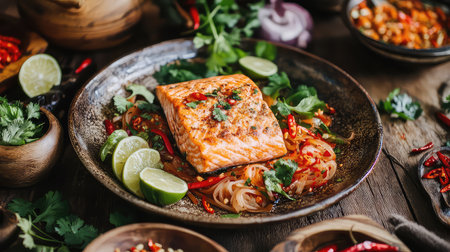 A beautifully arranged dish featuring a grilled salmon fillet on a bed of colorful vegetable noodles, garnished with lime and fresh herbs. Perfect for culinary enthusiasts!の素材