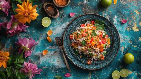 A vibrant Asian salad filled with fresh vegetables and herbs, beautifully arranged on a decorative plate, perfect for culinary photography or lifestyle content.の素材