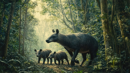 A captivating scene captures a tapir family navigating through a vibrant rainforest, bathed in soft sunlight. This image highlights the beauty and fragility of wildlife in its natural habitat.の素材