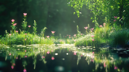 A stunning natural landscape featuring vibrant flowers and lush greenery reflected in a tranquil pond, bathed in soft sunlight for a serene atmosphere.の素材