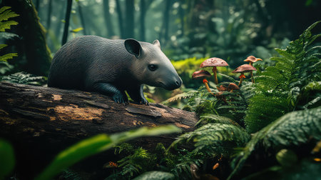 A solitary tapir gracefully rests on a mossy log in a vibrant tropical jungle, surrounded by rich greenery and colorful mushrooms, embodying nature's beauty.の素材