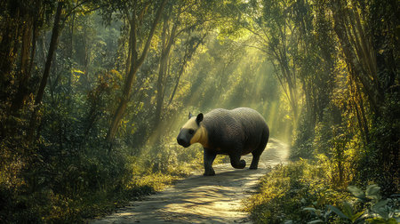 A large animal moves gracefully along a forest path, illuminated by sunlight filtering through trees, creating a serene and picturesque nature scene.の素材
