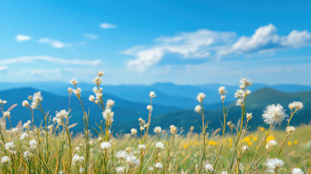A breathtaking landscape showcasing vibrant wildflowers swaying gently in the breeze, with majestic mountains creating a picturesque backdrop under a bright blue sky.の素材