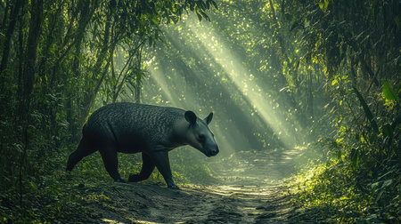 A solitary tapir traverses a serene rainforest path, illuminated by soft beams of sunlight filtering through rich greenery, embodying the beauty of wildlife.の素材